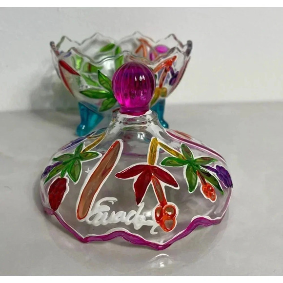 Ompass Hand Painted Art Clear Glass Jar with Lid Embossed Footed Multicolor - Picture 3 of 9